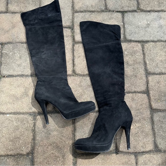 Stuart Weitzman Suede Over the Knee Button Back Platform Boots - Picture 4 of 8